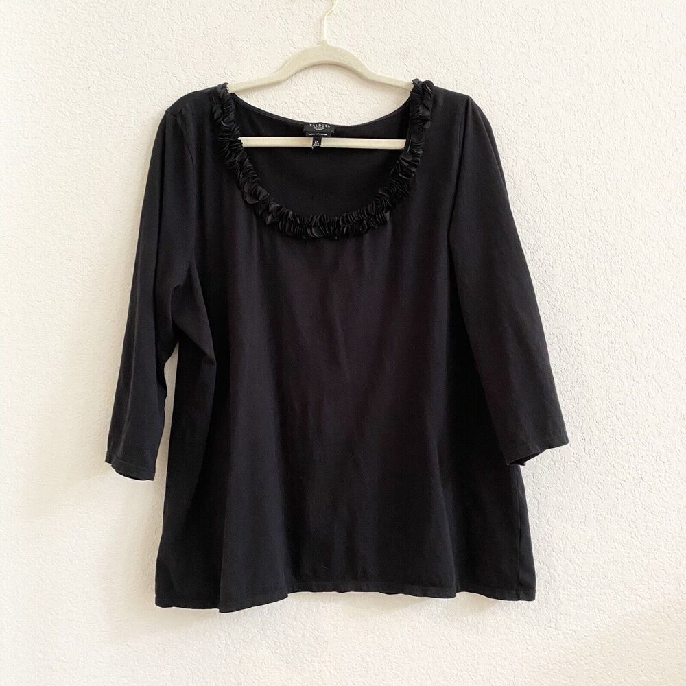 Talbots‎ Plus Size 2X Black Ruffled Neck Super Soft Cotton Blend Long Sleeve Tee